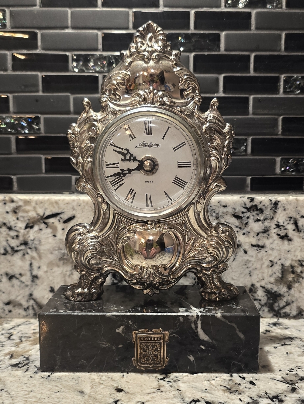 Vtg Pedro Durán Sterling Silver, Louis XV Style Desk Clock, Marble Base